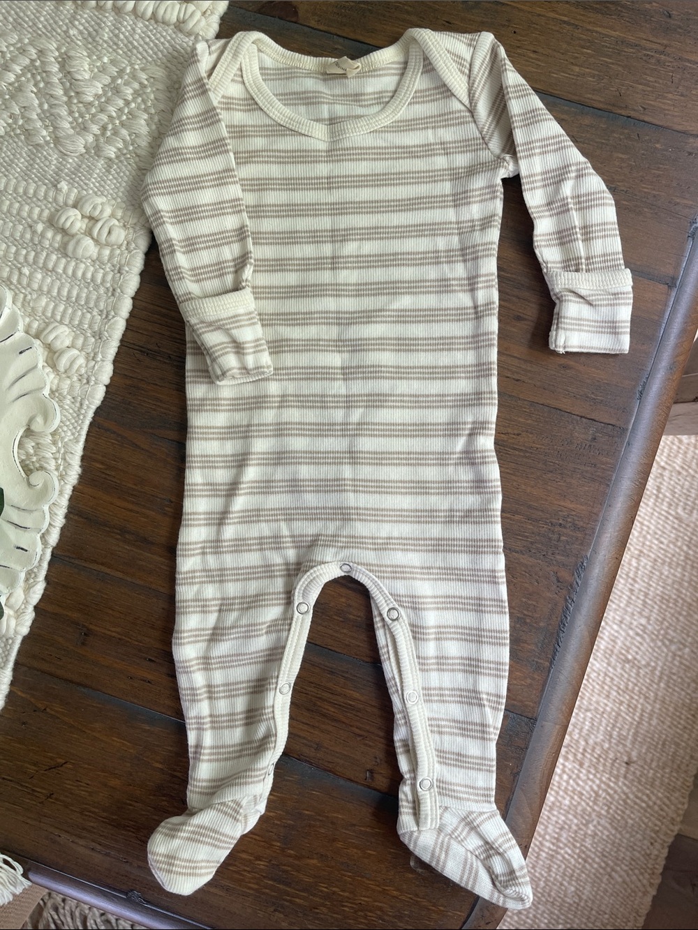 Quincy Mae Cream and Tan Striped Footed One-Piece